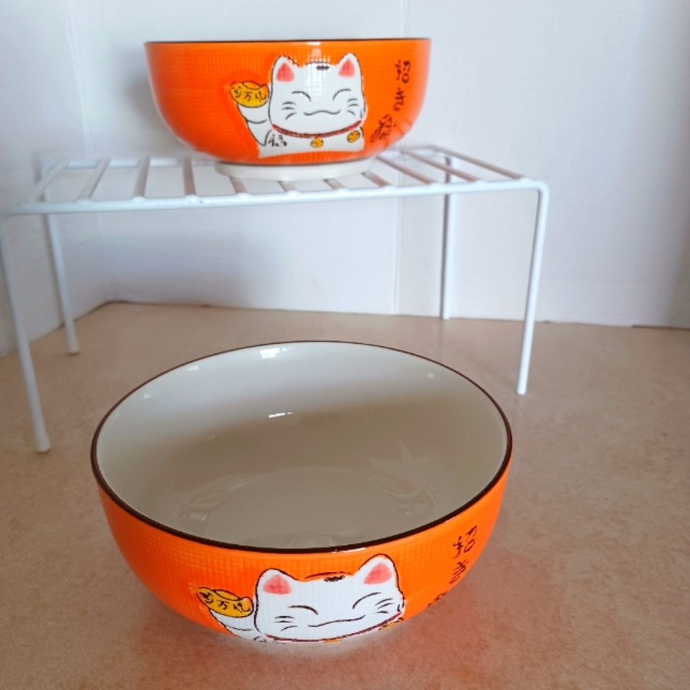 2 - QiZhen Lucky Cat Japanese Maneki Noodles, Rice  Orange Bowls !!NEW¡¡